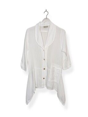 Cottonways White Textured Cotton Button Front Asymmetrical Hem Top Size Small